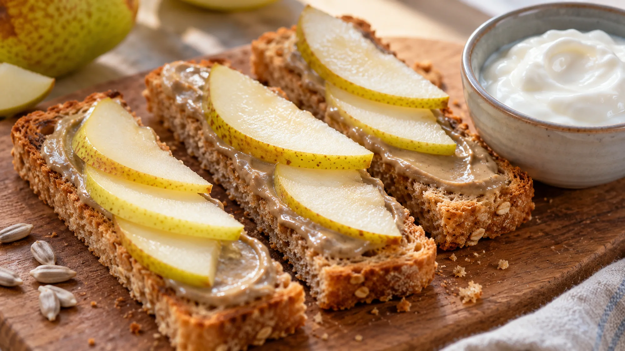 Pear slices on toast with a thin seed-butter spread beside yogurt