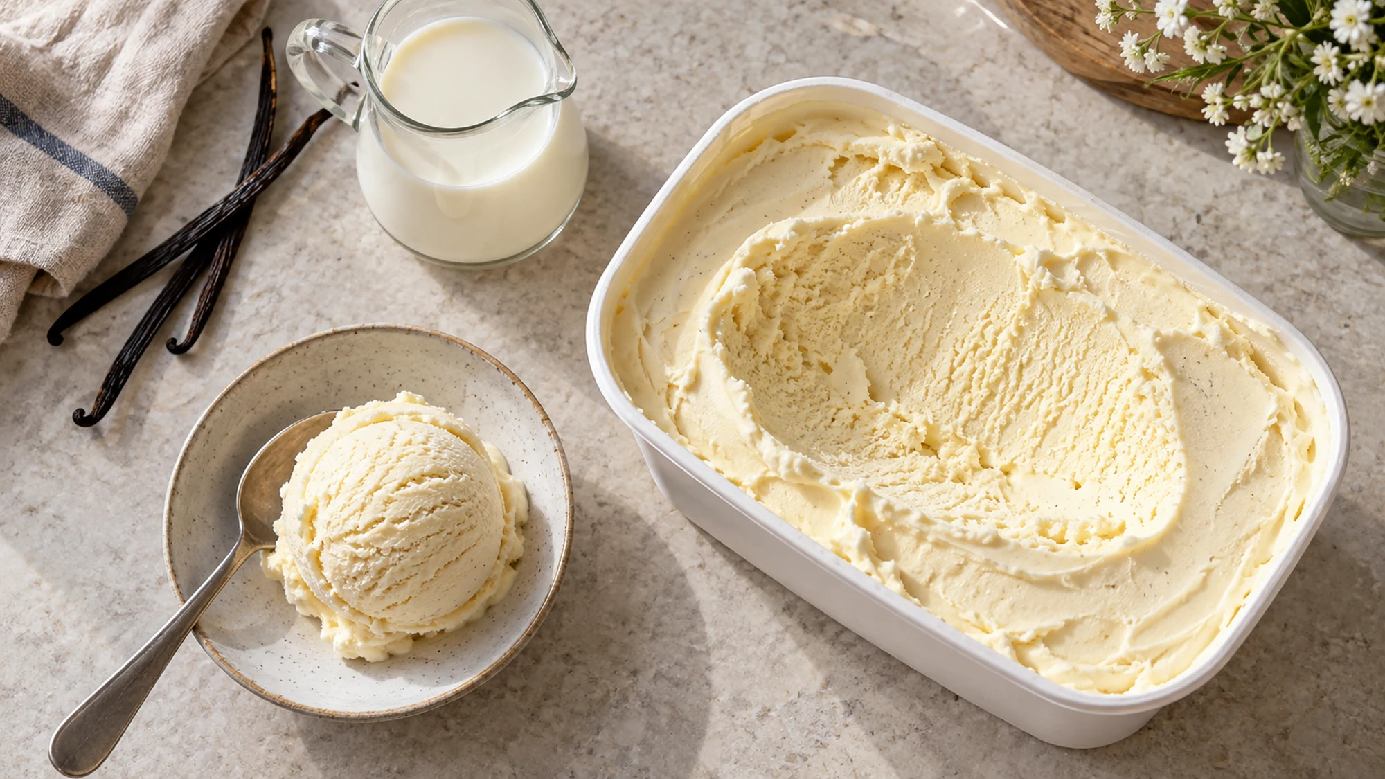 Vanilla lactose free ice cream illustration with milk and a vanilla pod