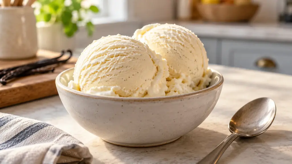 Vanilla scoops illustrating lactose free ice cream in a ceramic bowl