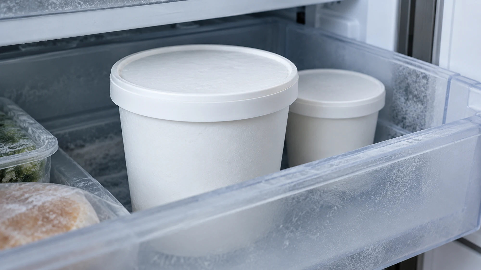 Closed ice cream tubs kept in a freezer for a lactose free ice cream guide