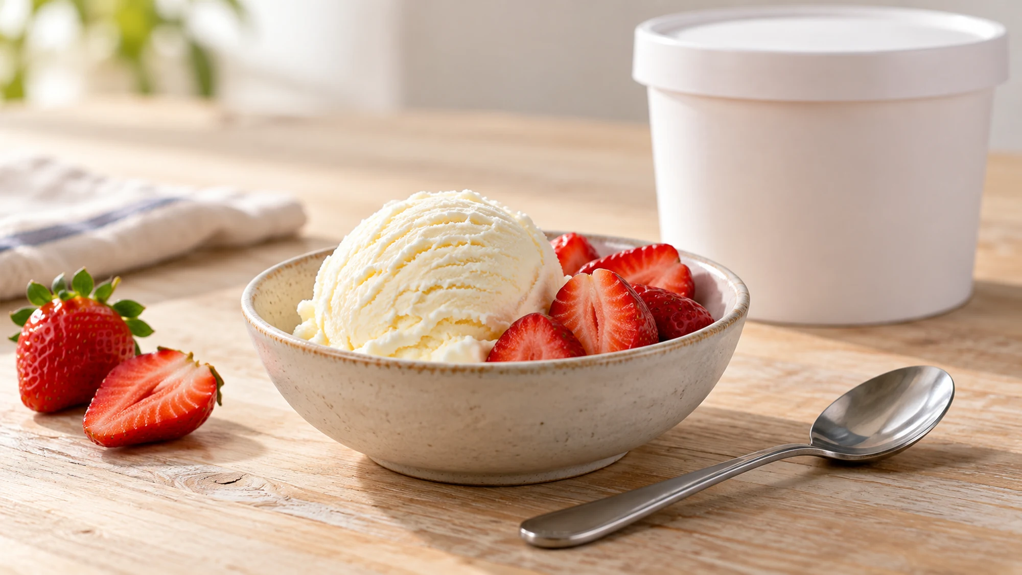 A serving of vanilla lactose free ice cream illustrated with sliced strawberries