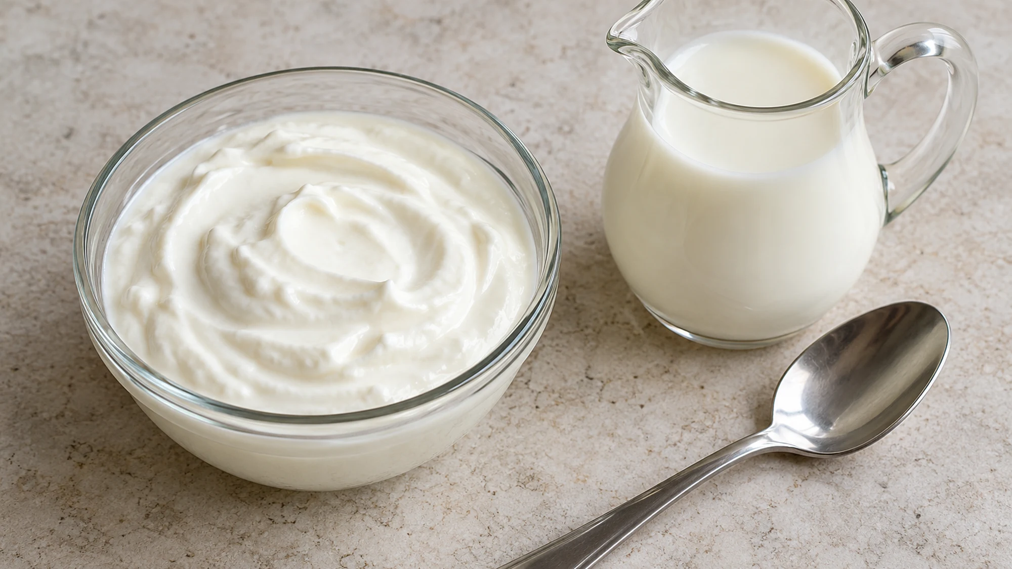 Plain lactose free yogurt in a glass bowl beside a pitcher of dairy milk