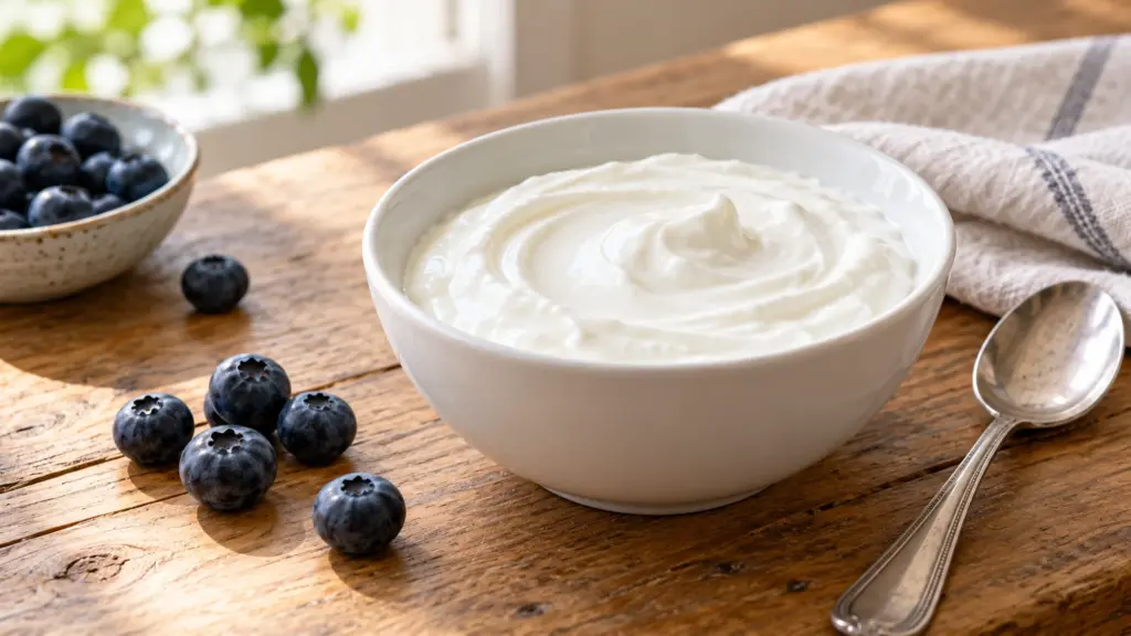 Plain lactose free yogurt in a white bowl beside blueberries and a spoon