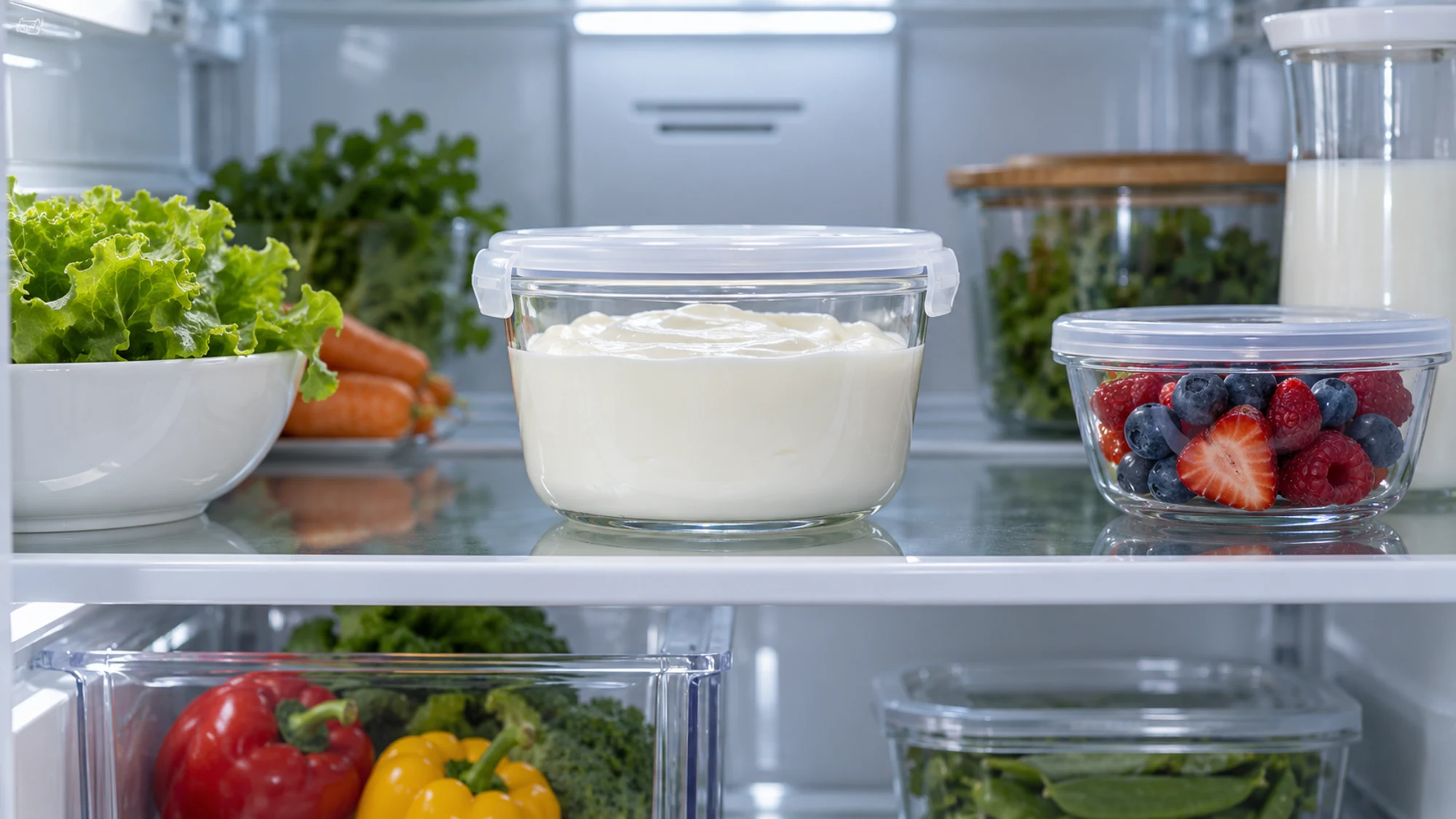 Covered glass container of plain yogurt on a refrigerator shelf beside covered berries