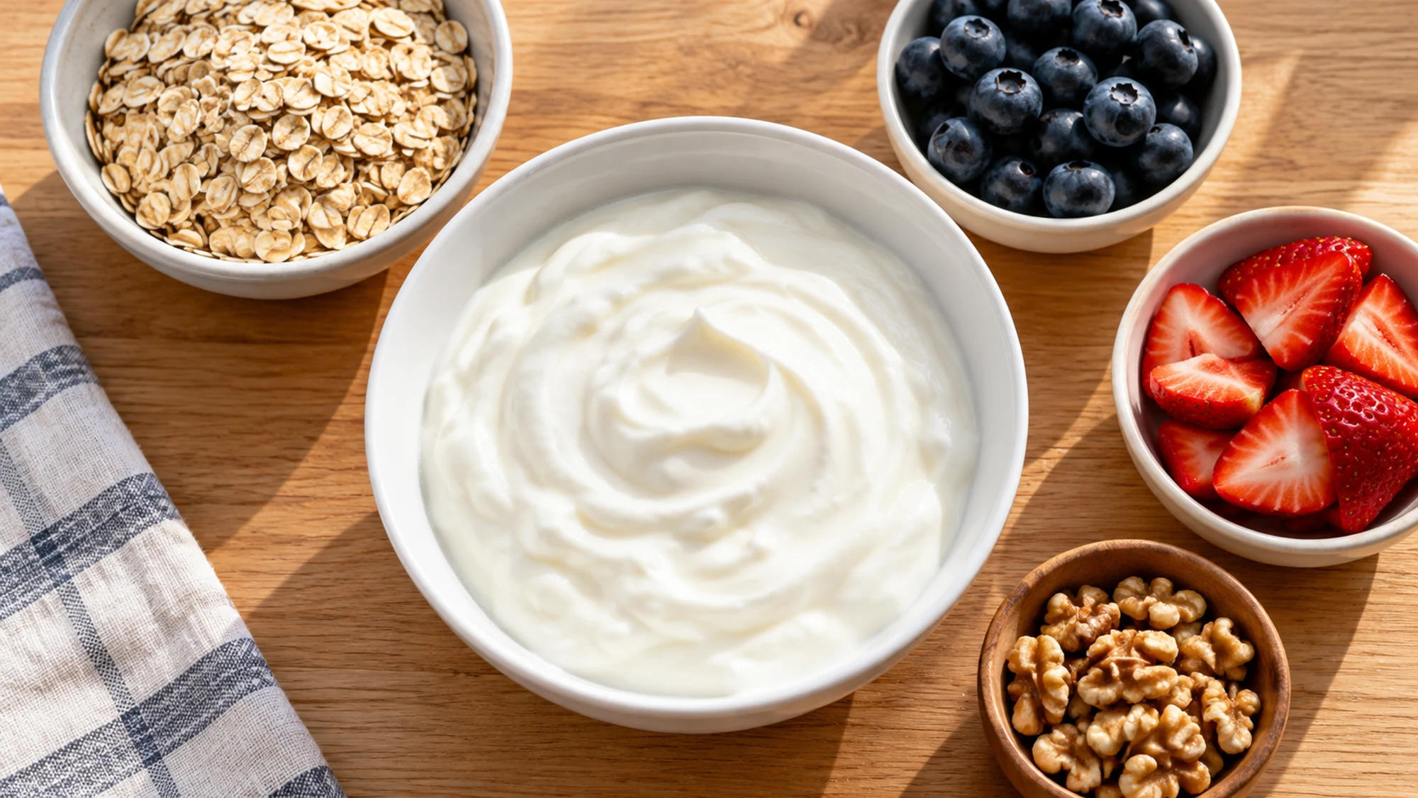 Bowl of lactose free yogurt beside separate bowls of oats berries and walnuts