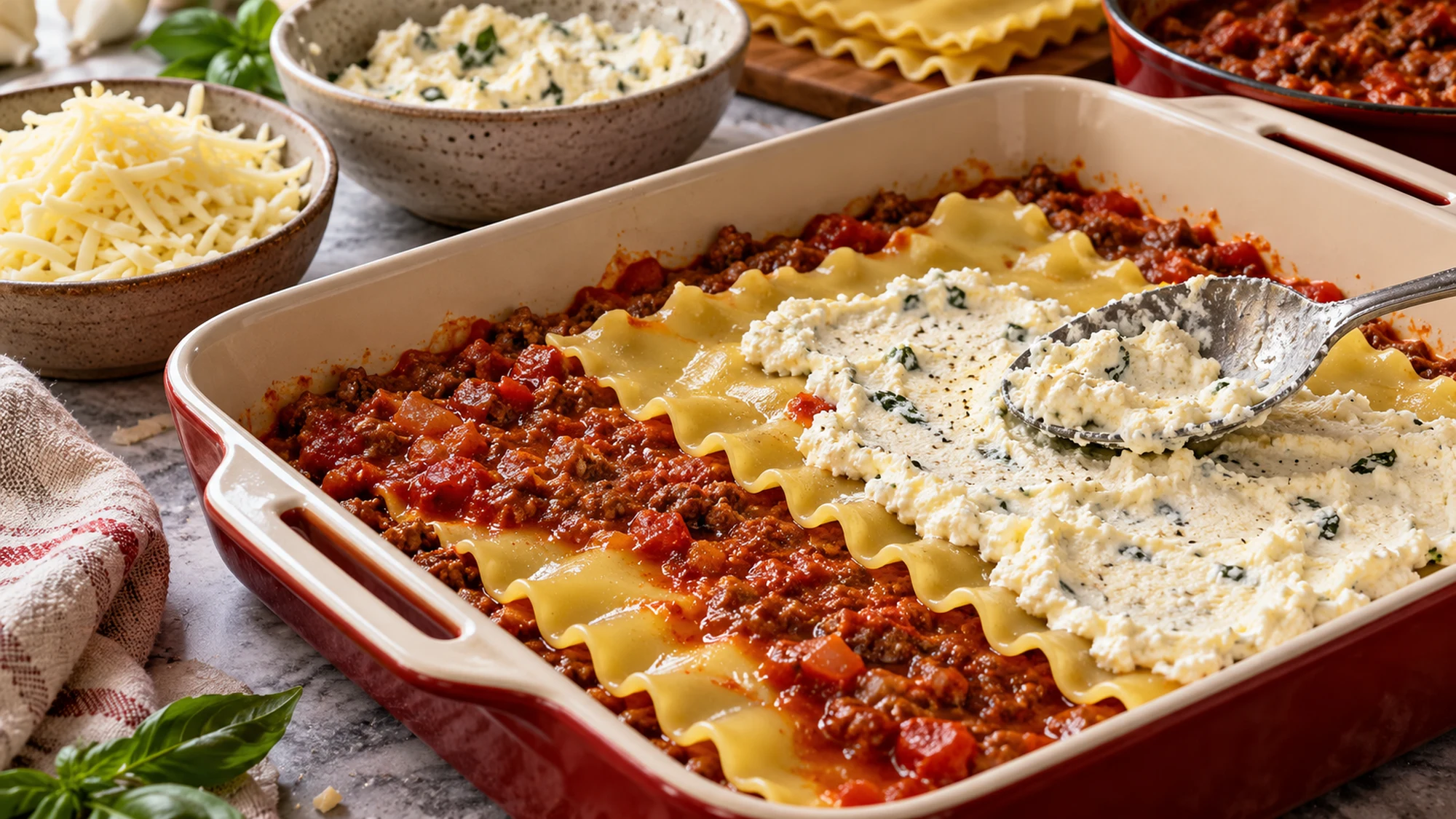 Lasagne recipe being layered with beef tomato sauce and ricotta filling