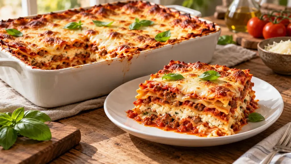 Lasagne recipe with browned mozzarella and layers of beef sauce and ricotta