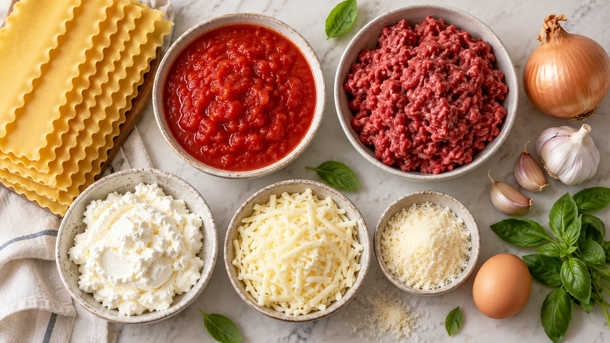 Lasagne recipe ingredients with pasta, beef, tomatoes and three cheeses