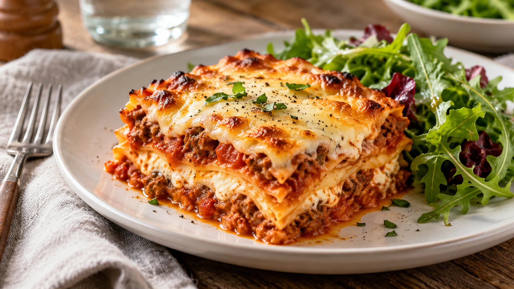 Lasagne recipe portion served with a crisp green salad