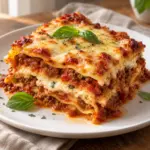 Lasagne recipe slice showing pasta, beef sauce and creamy ricotta layers