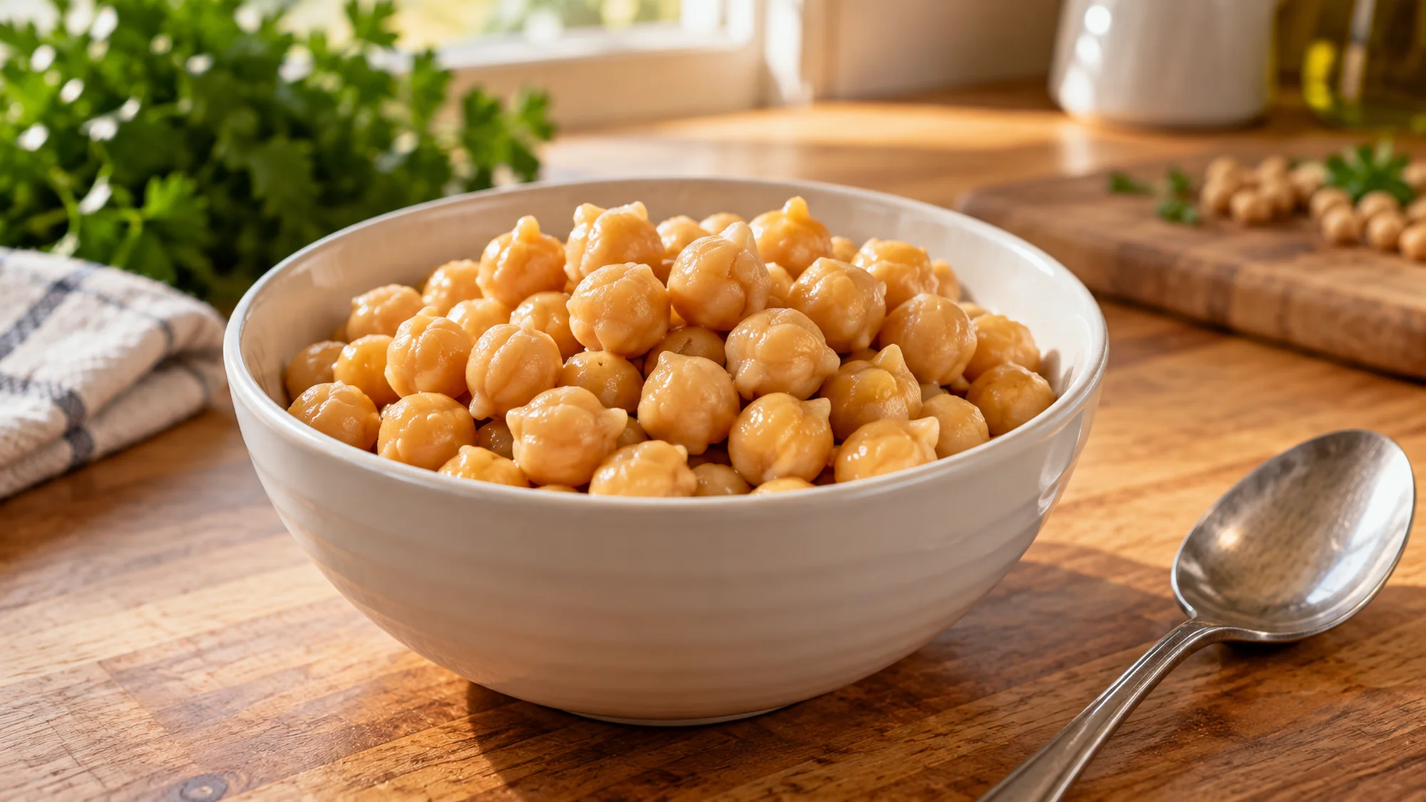 Cooked chickpeas in a white bowl beside a spoon