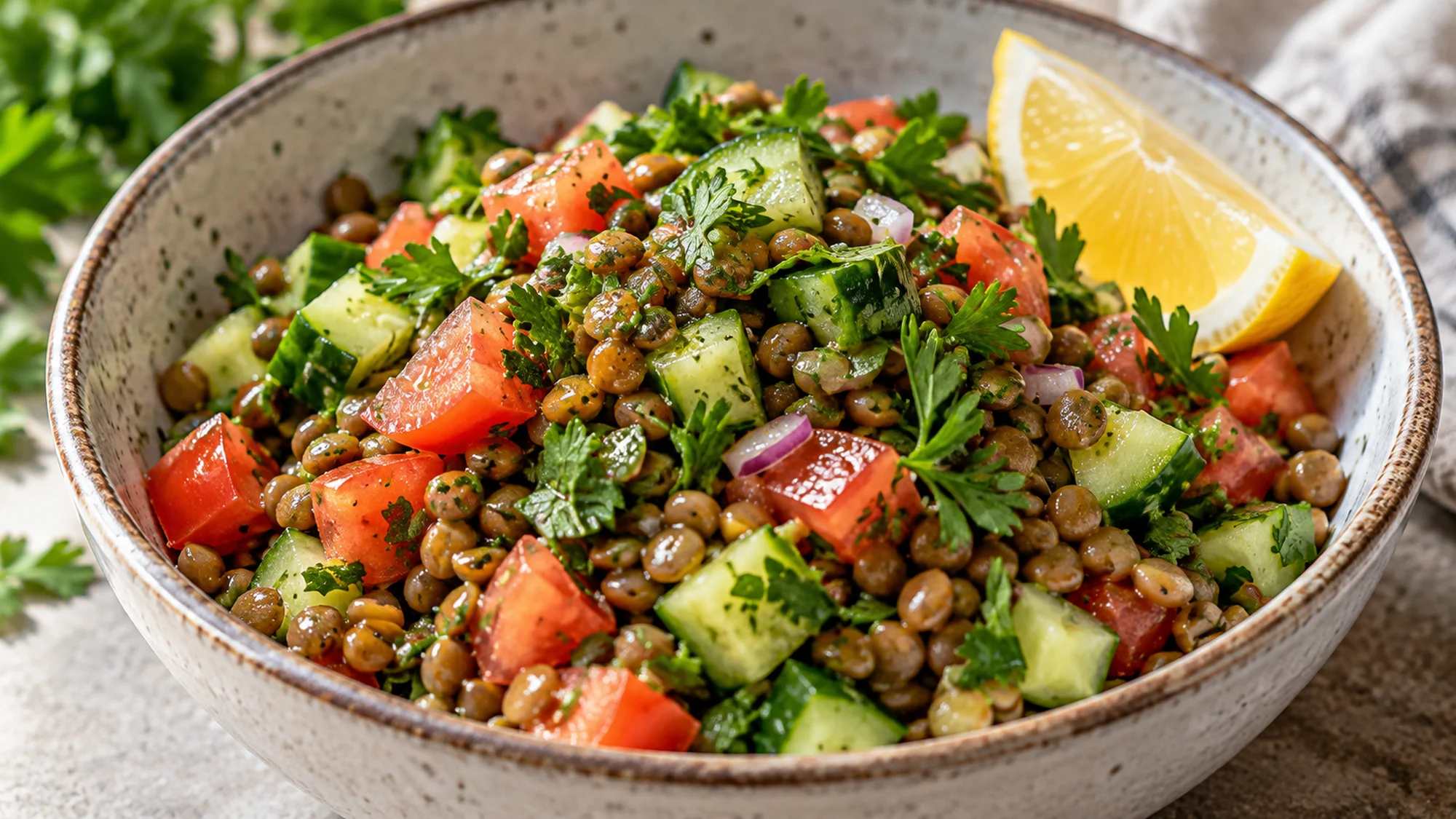 Lentil salad with cucumber, tomato, parsley and lemon