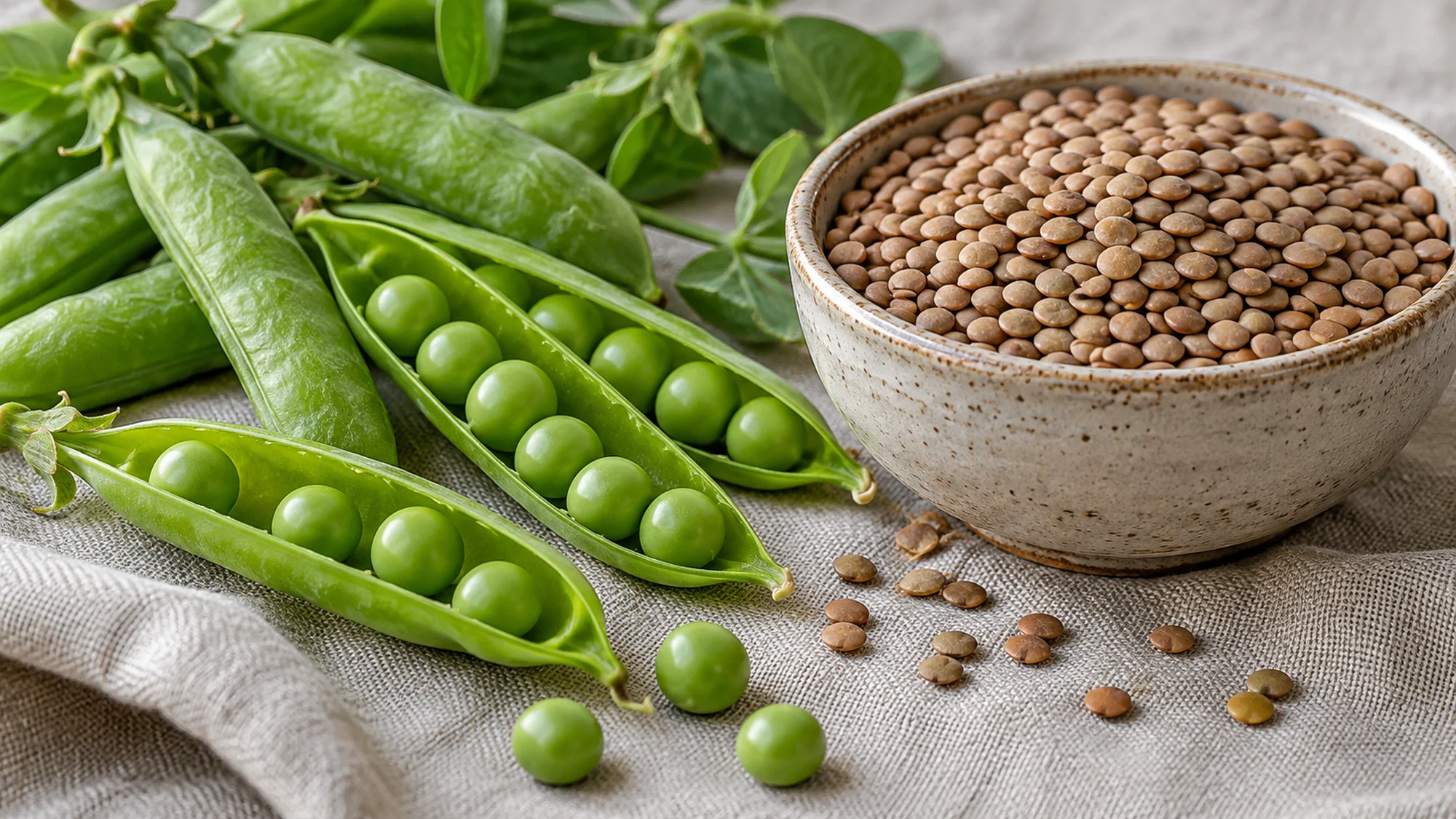 Open green pea pods beside dry brown lentils