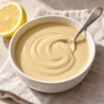 A bowl of lemon tahini sauce with a spoon