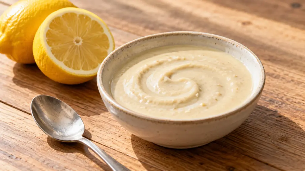 Lemon tahini sauce in a small bowl beside fresh lemon
