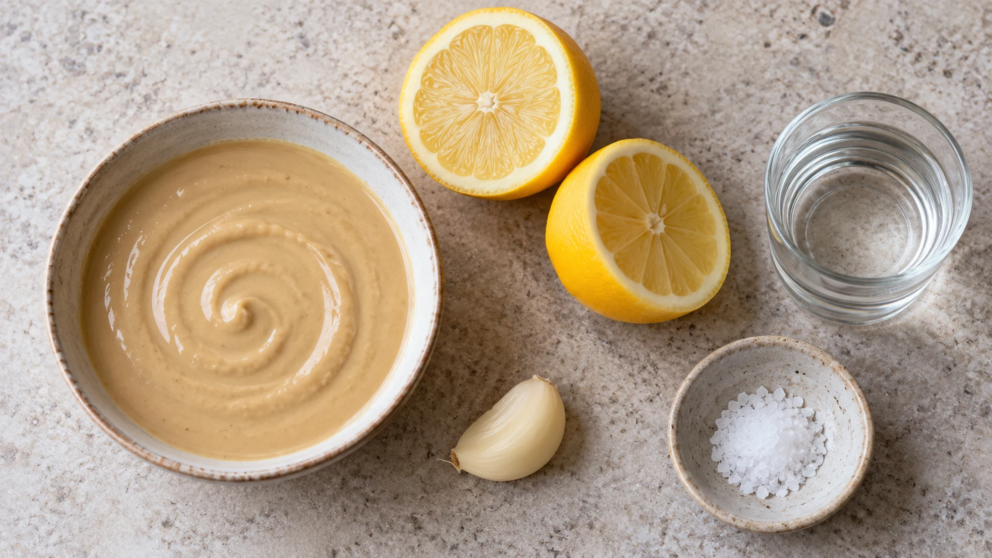 Tahini, lemon, garlic, water and salt for lemon tahini sauce
