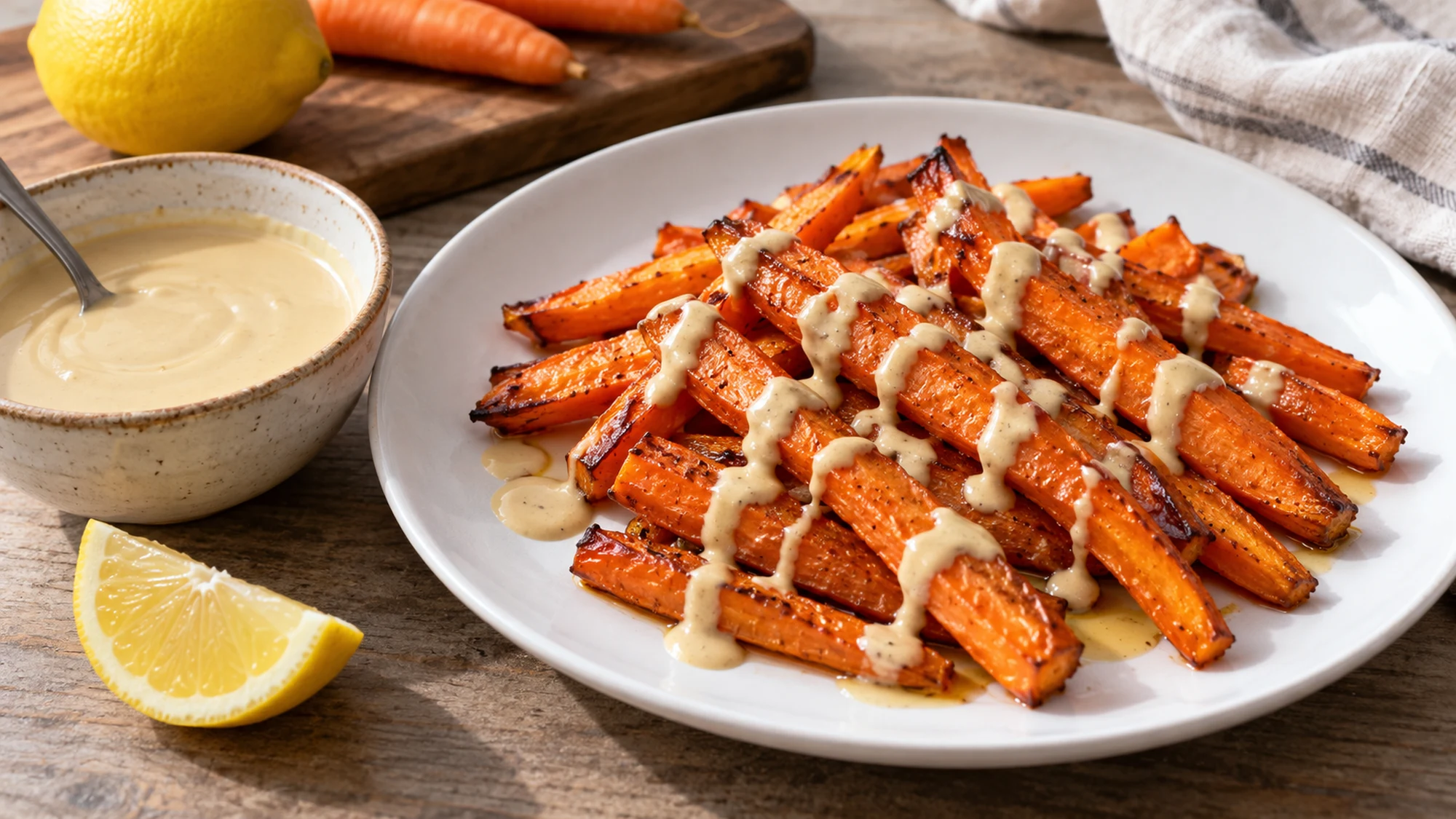 Lemon tahini sauce drizzled over roasted carrots
