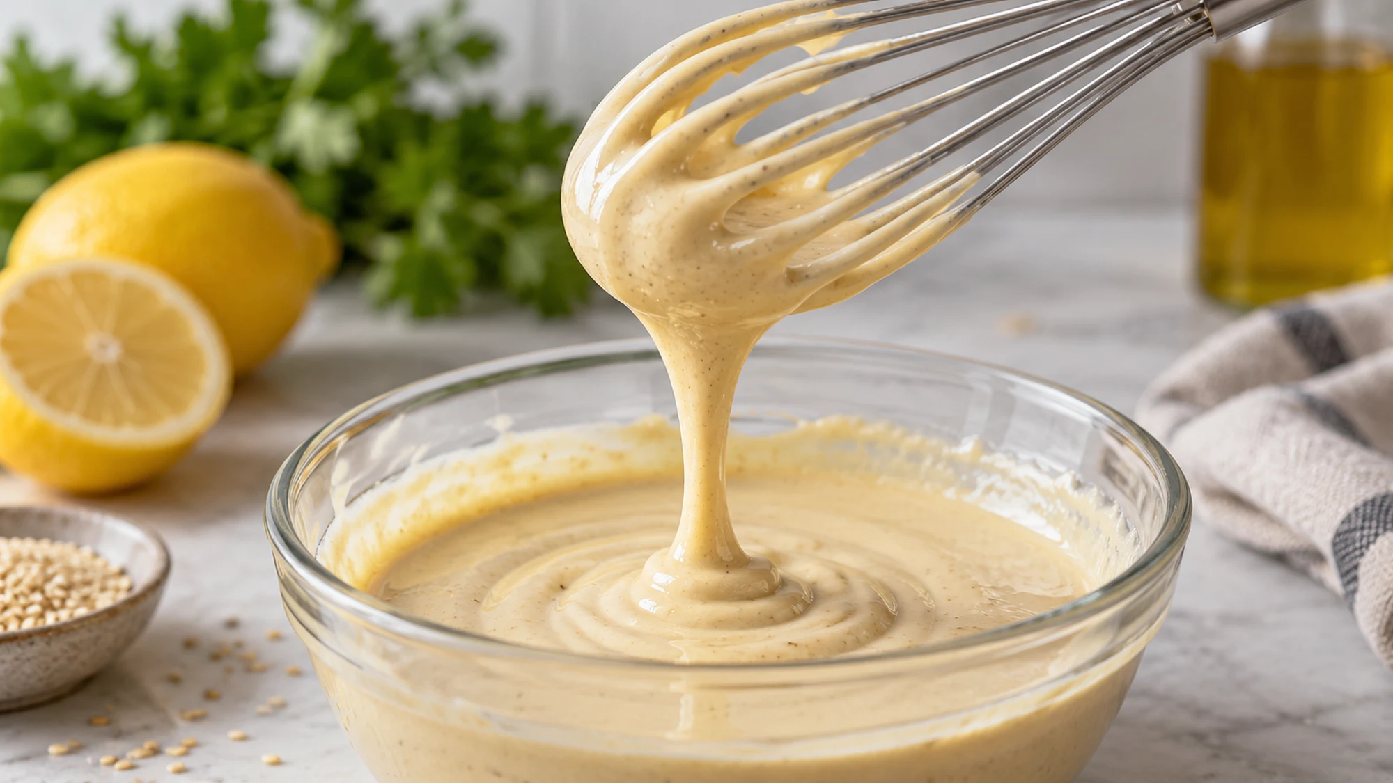 Lemon tahini sauce falling in a smooth ribbon from a whisk