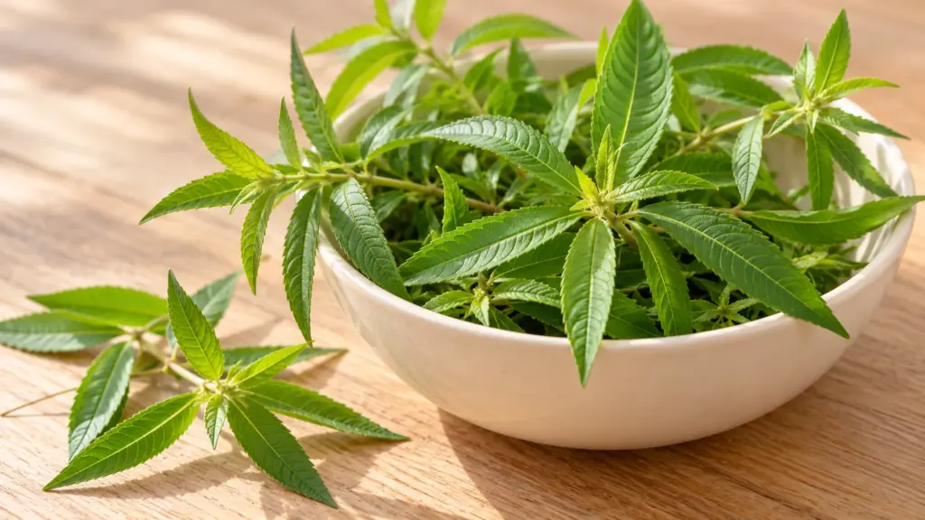 Fresh lemon verbena sprigs with pointed green leaves in a ceramic bowl