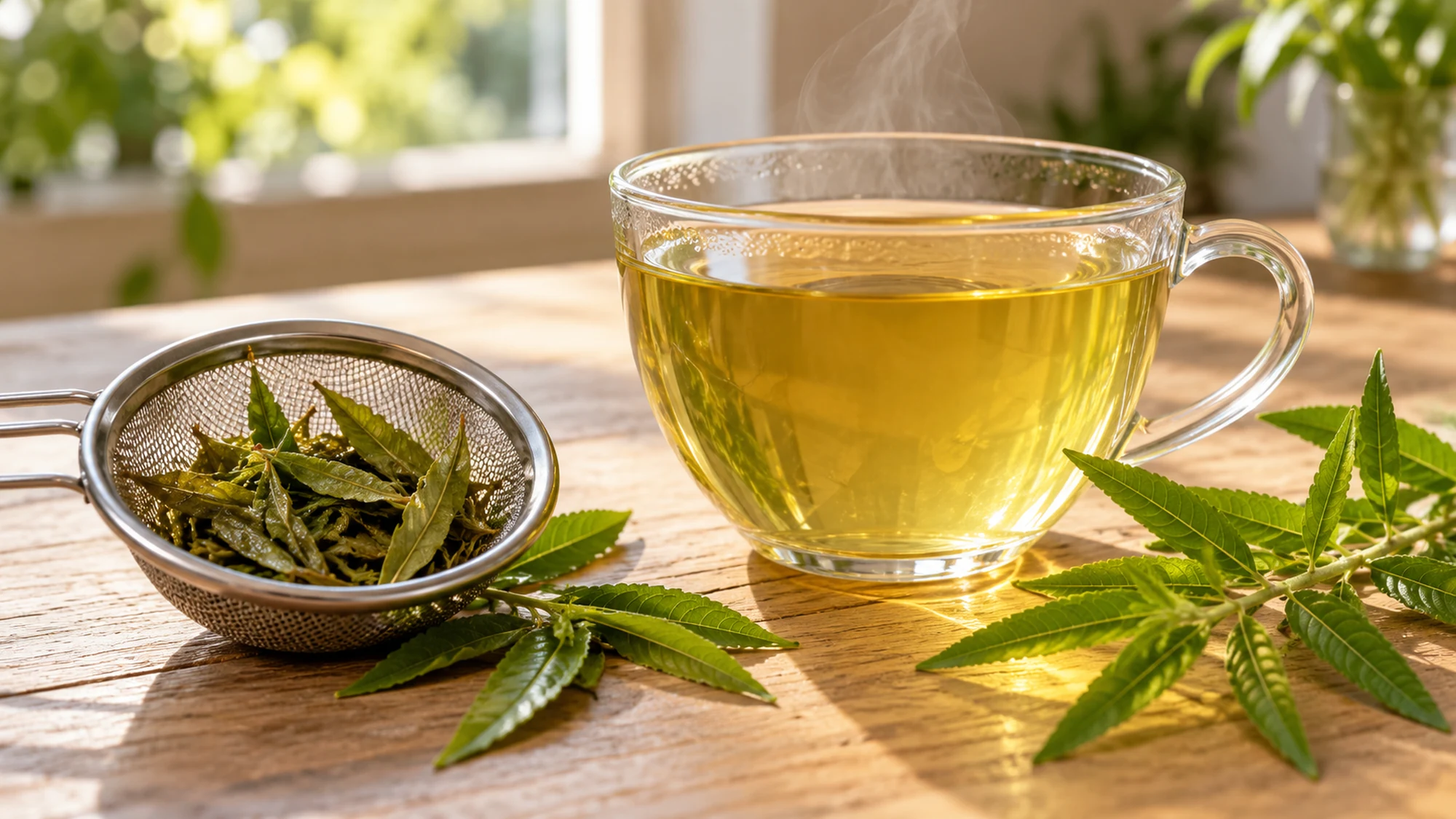 Lemon verbena infusion in a glass cup beside strained leaves