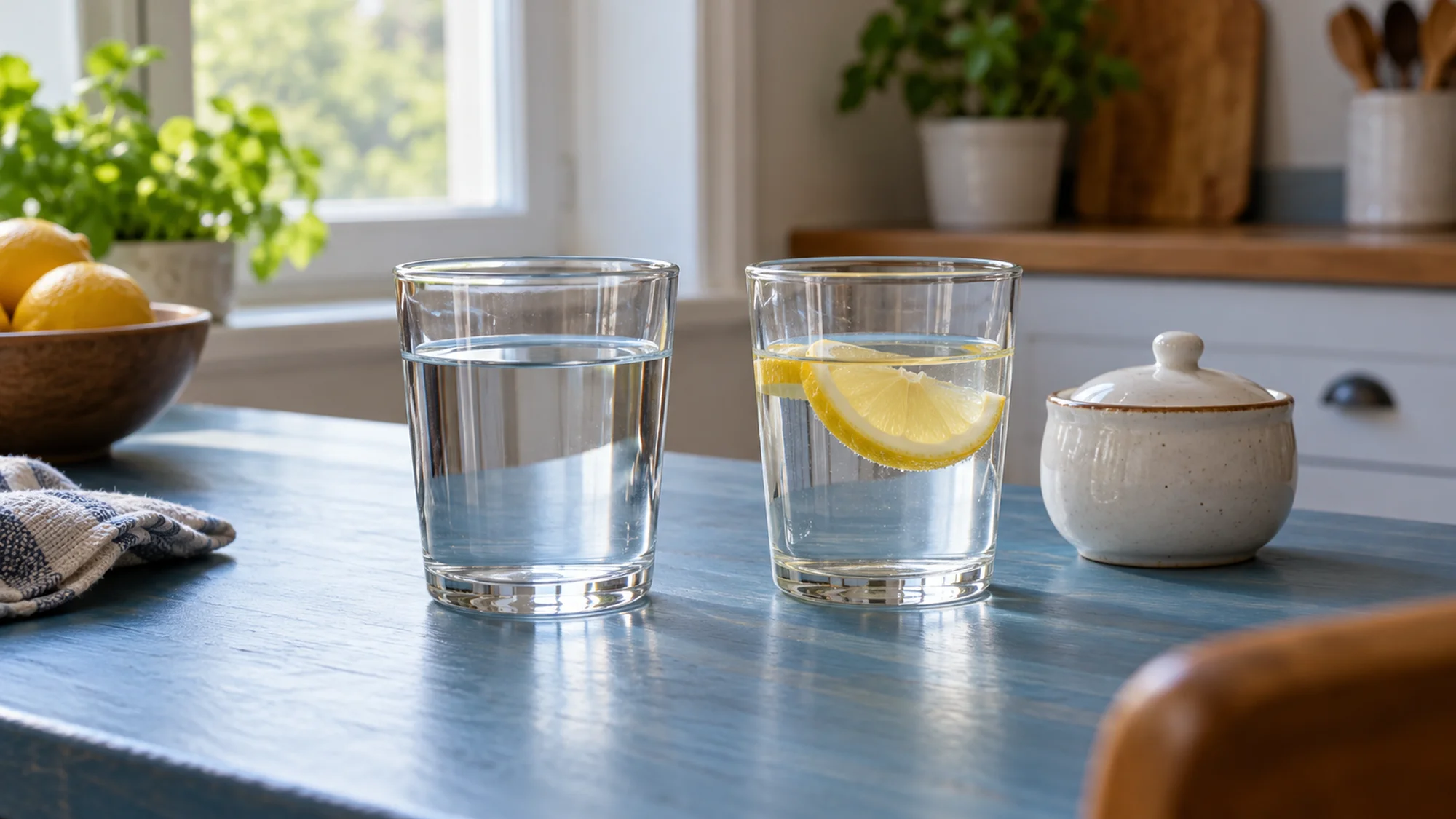 Plain water and lemon water in two glasses beside a closed sugar bowl