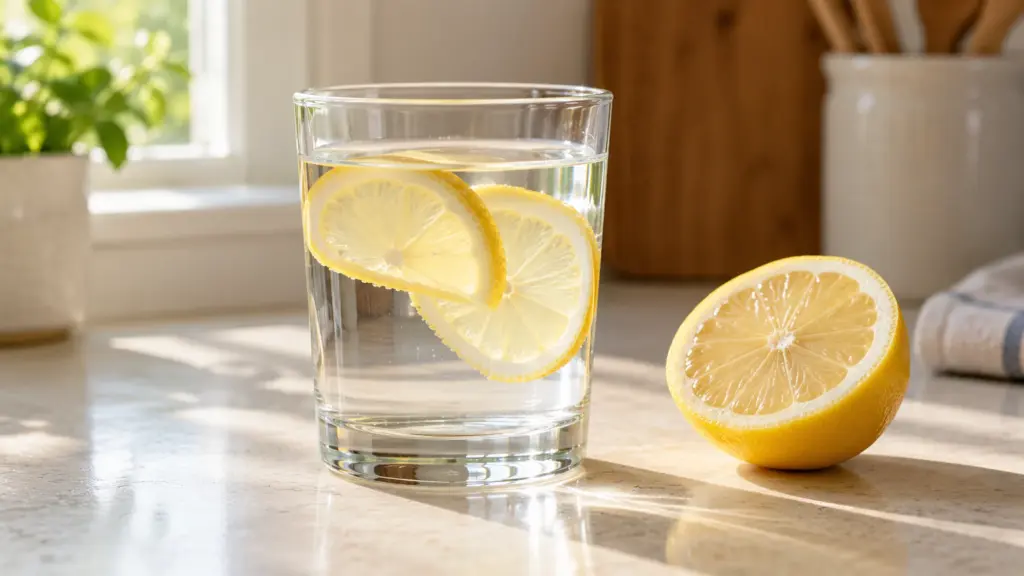 Glass of lemon water beside a freshly cut lemon on a kitchen counter