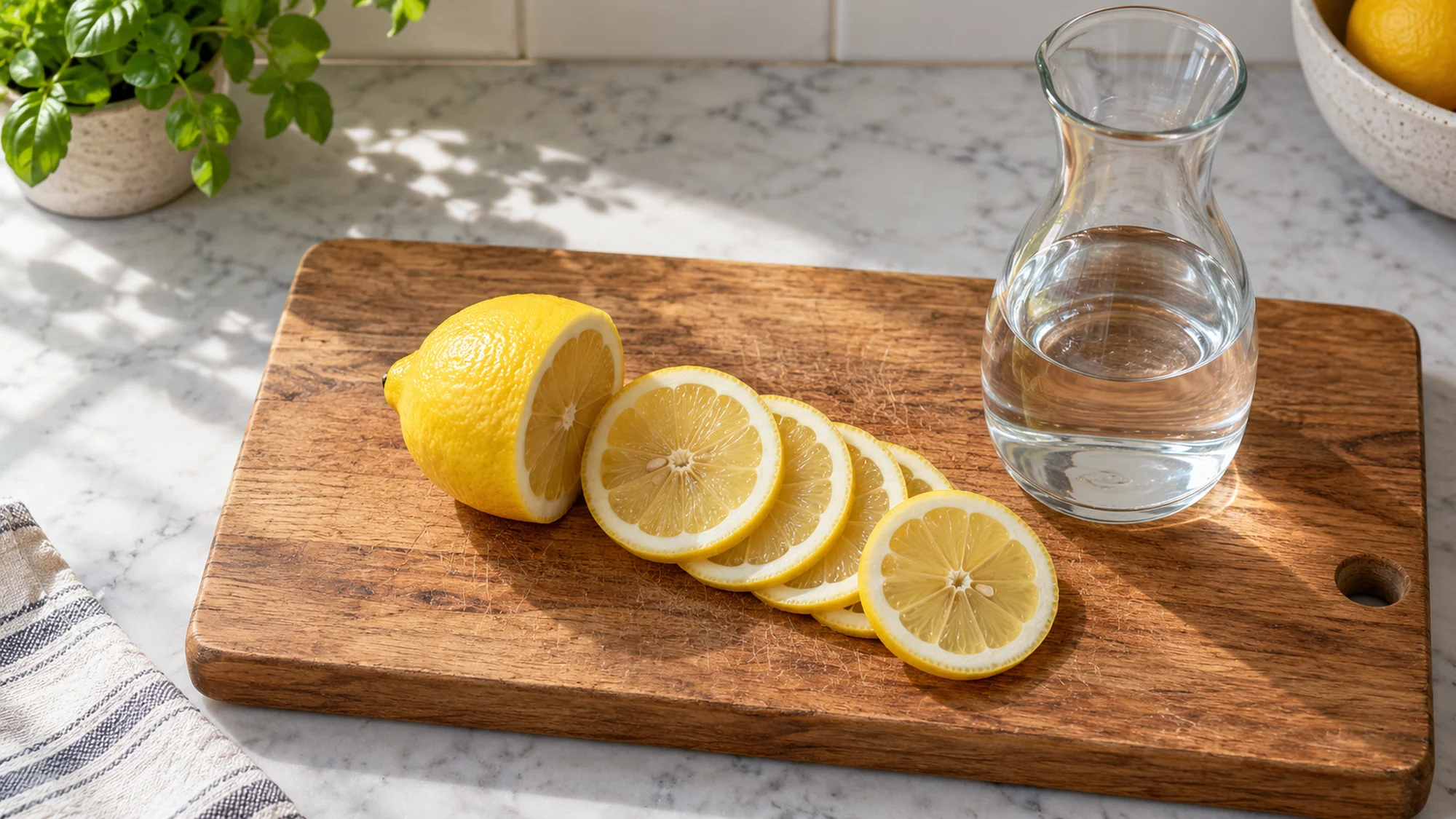Lemon slices on a cutting board beside a carafe of drinking water