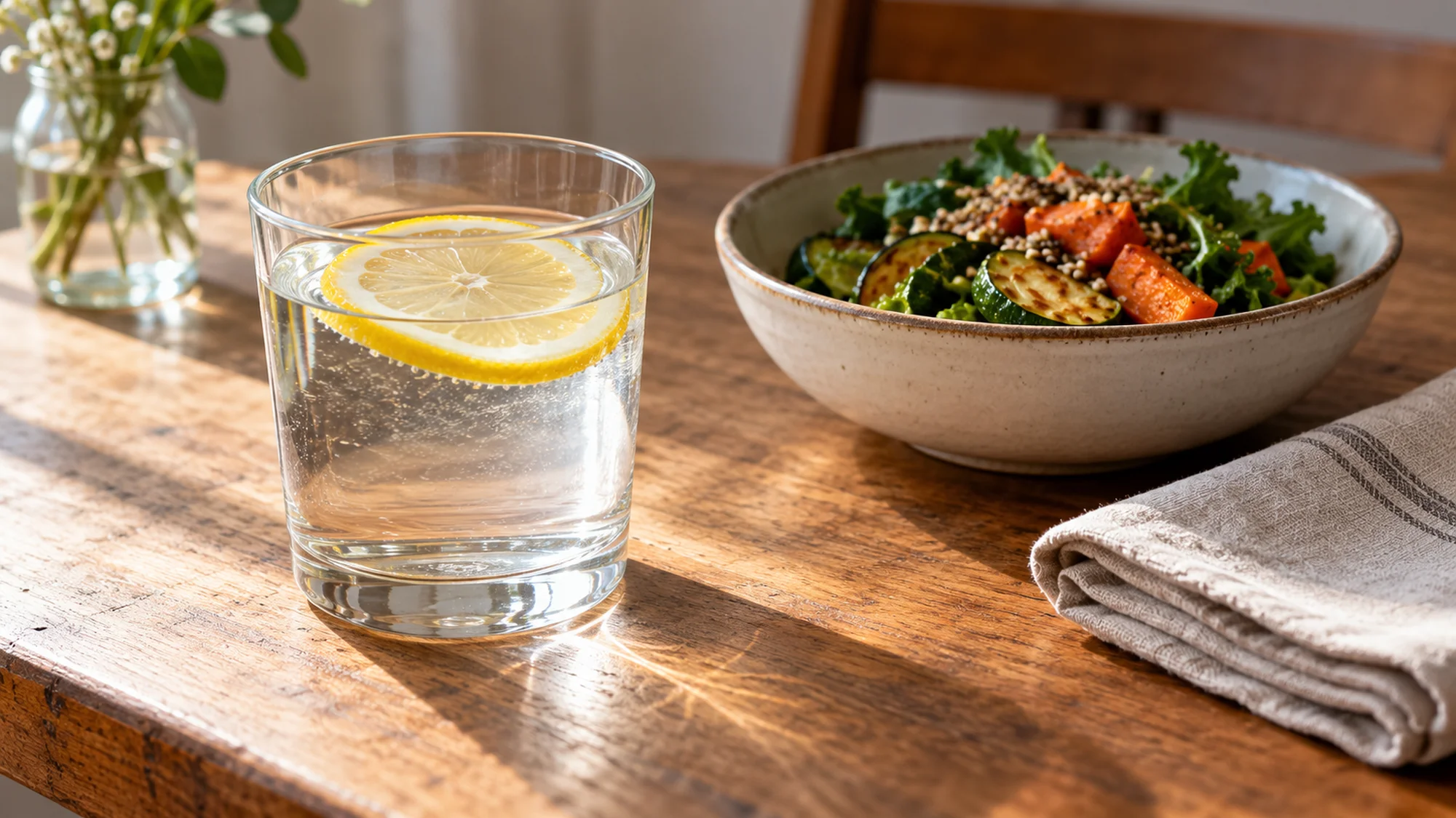 Glass of lemon water beside a vegetable bowl and linen napkin