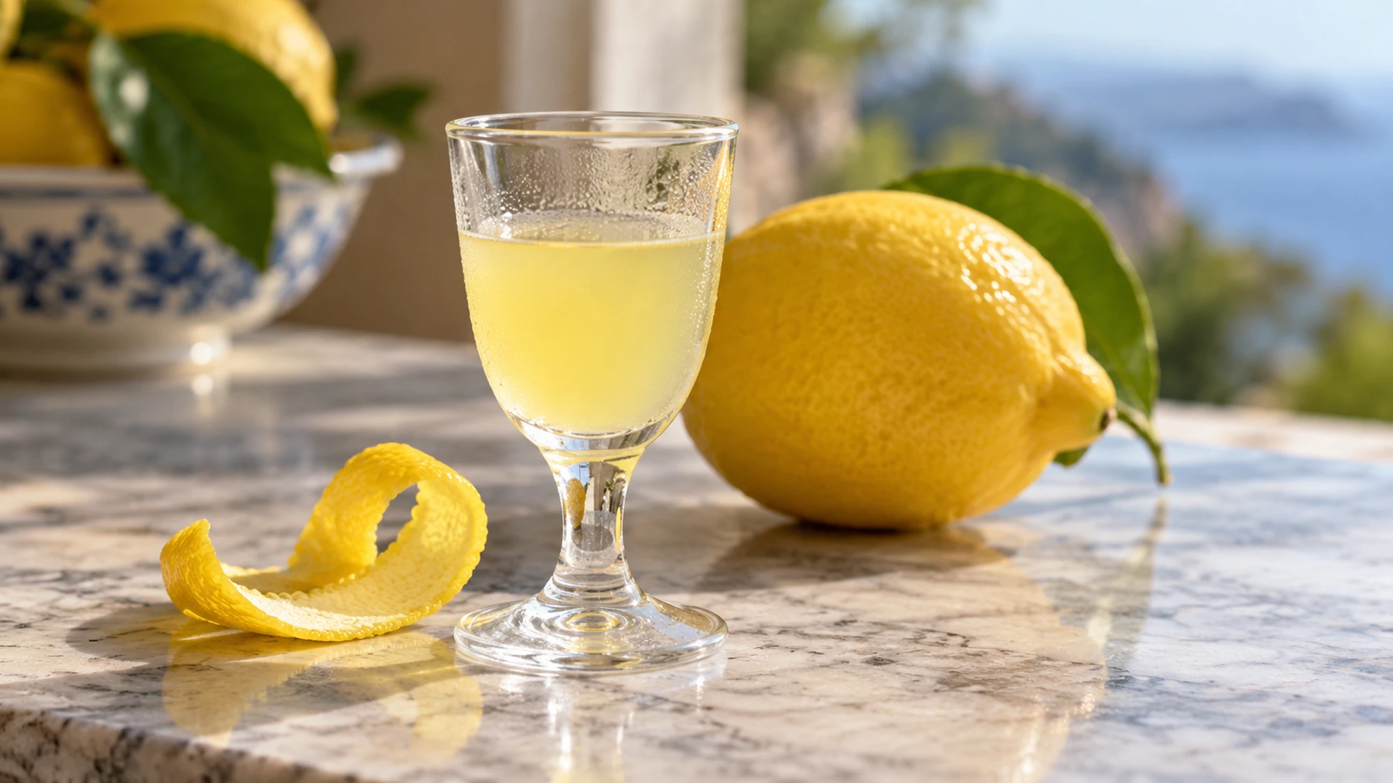 A small chilled glass of limoncello beside lemon peel