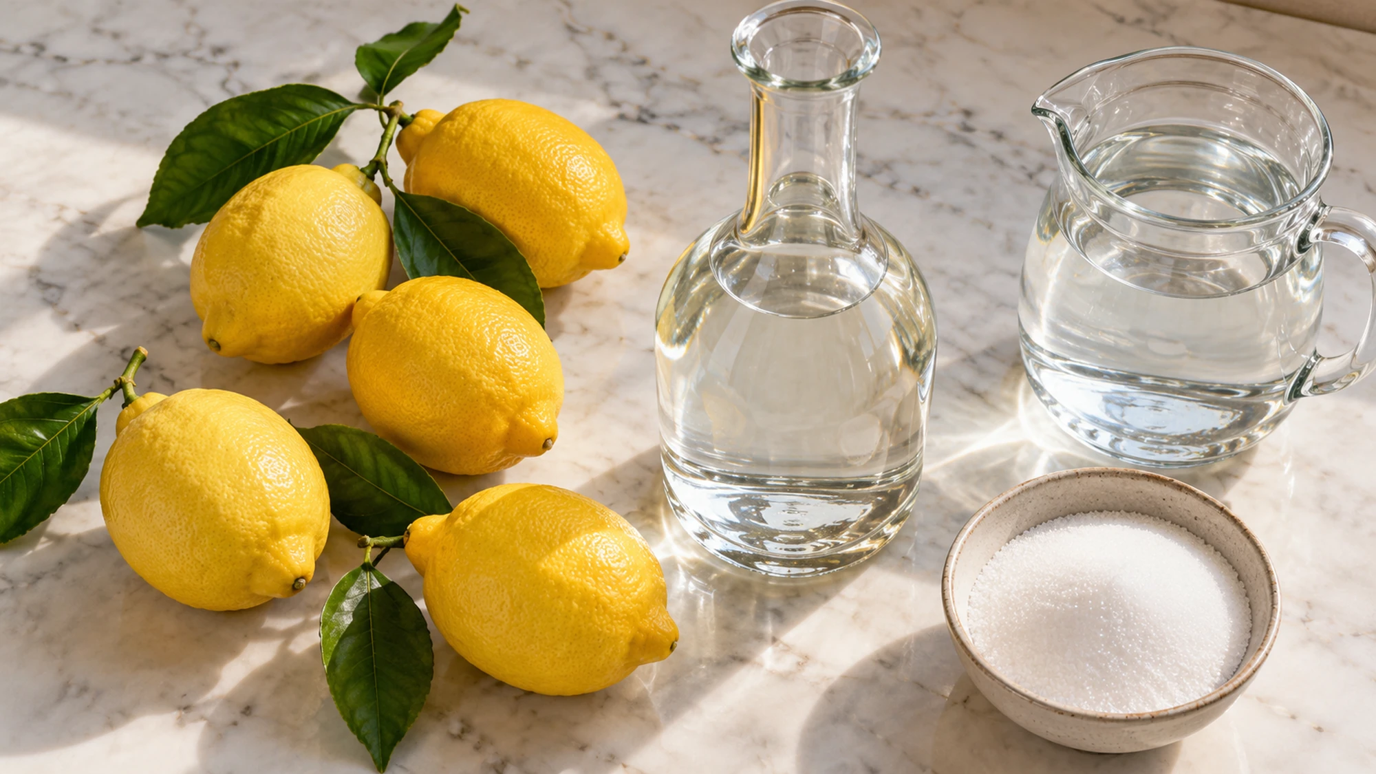 Lemons, commercial spirit, water and sugar for limoncello