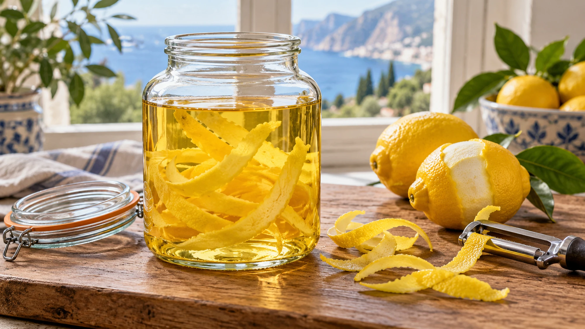 Lemon peel infusing in a glass jar for limoncello