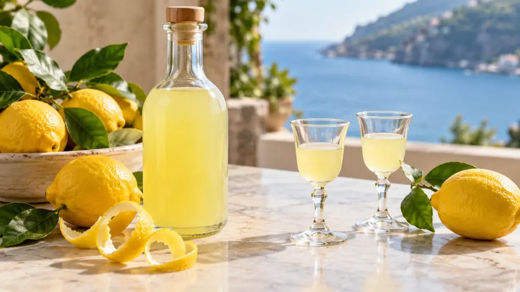 Pale yellow limoncello in a bottle and small glasses beside lemons