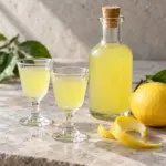 Small glasses of limoncello beside a bottle and fresh lemon