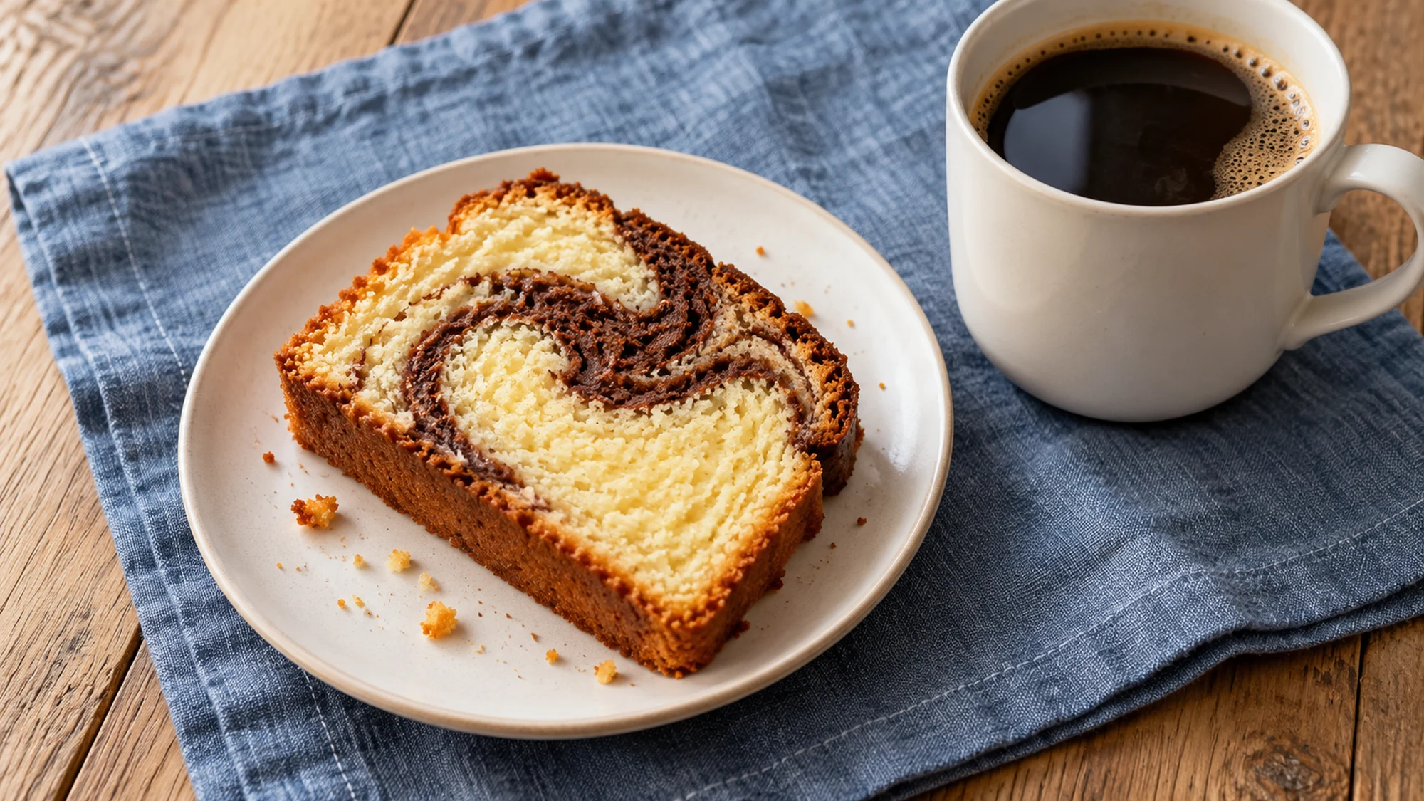 Slice of loaf with a chocolate swirl served beside coffee