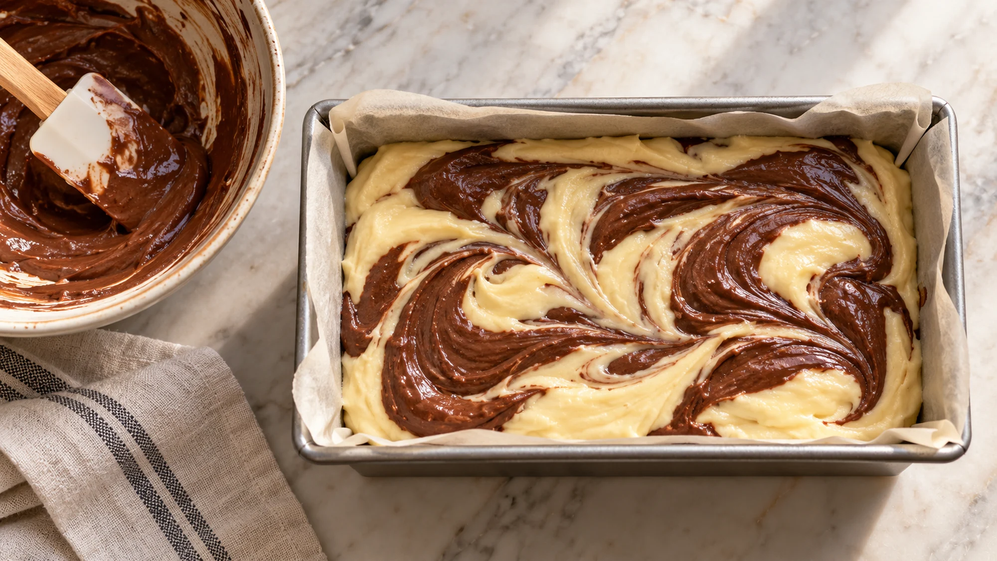Vanilla and cocoa batter ready to bake a loaf with a chocolate swirl
