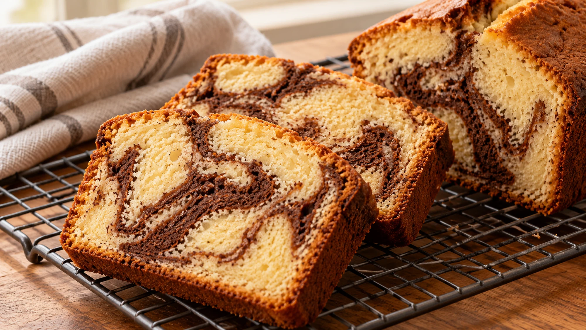 Cooling slices of loaf with a chocolate swirl showing the tender crumb