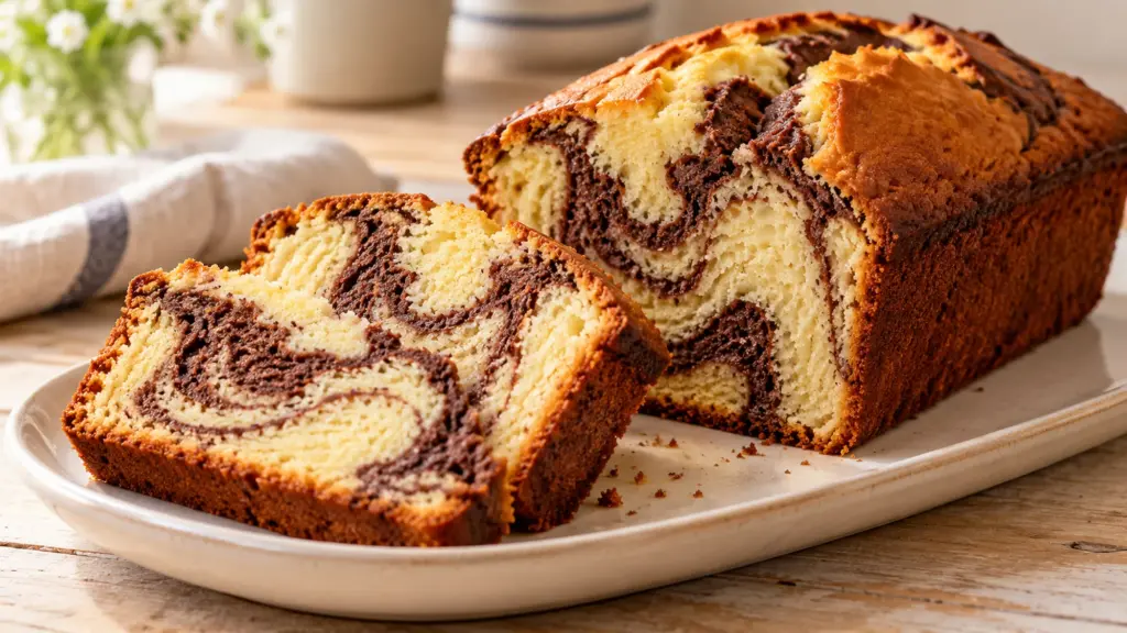 Loaf with a chocolate swirl sliced to show vanilla and cocoa marbling