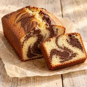 Loaf with a chocolate swirl and one slice on parchment