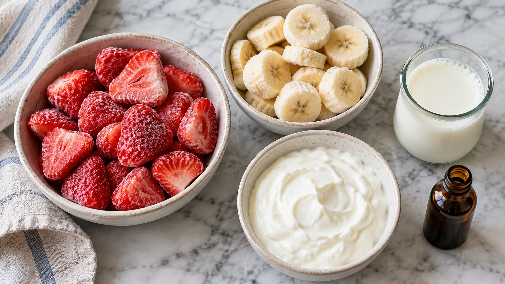 Frozen fruit, yogurt and milk for low calorie ice cream