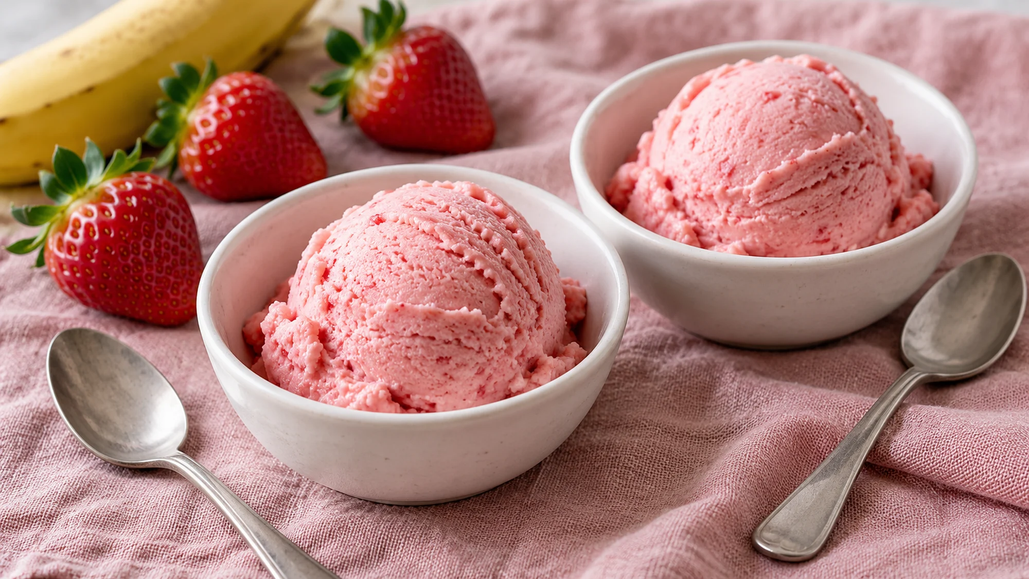 Two portions of strawberry banana low calorie ice cream