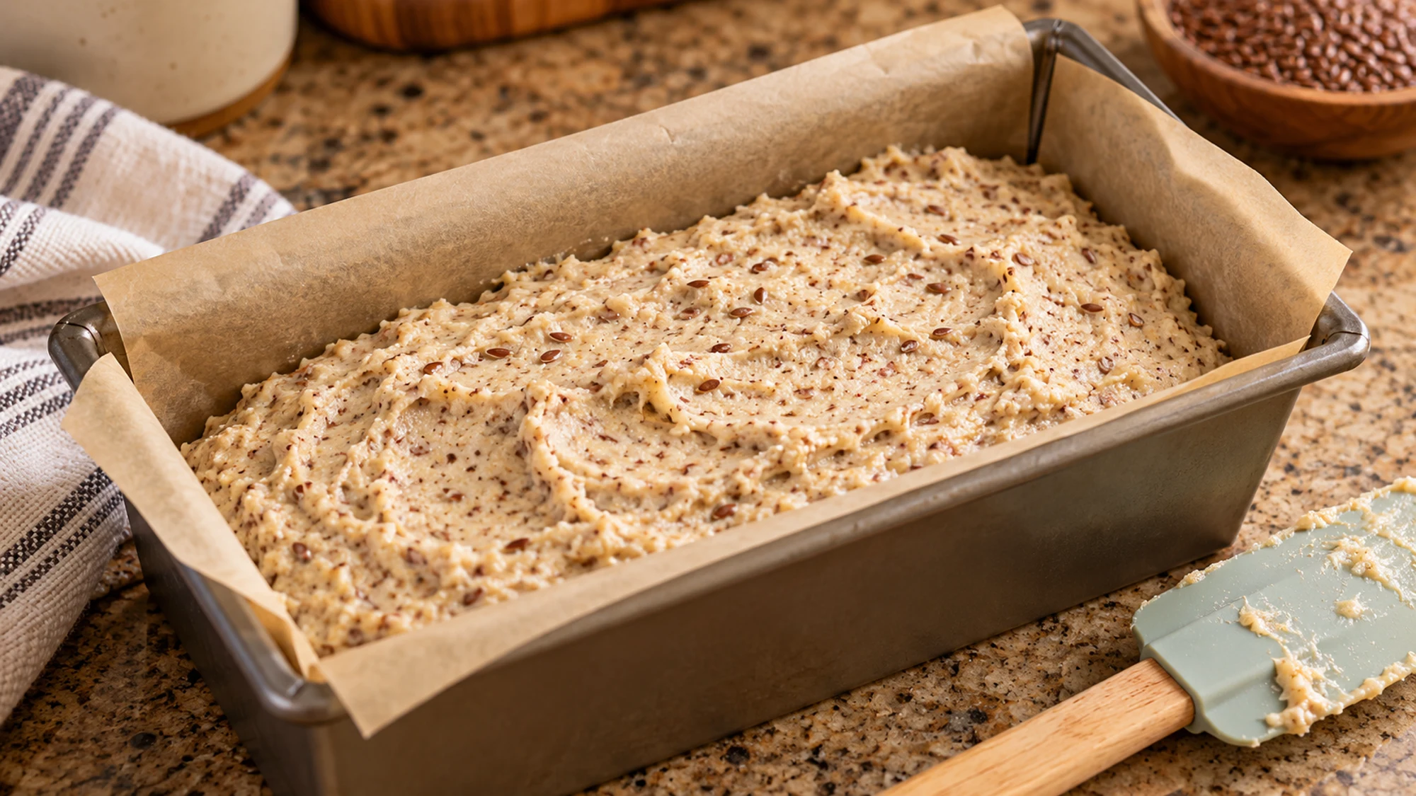 Low carb bread batter in a parchment-lined loaf pan