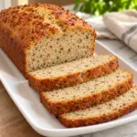 Sliced low carb bread on a white platter