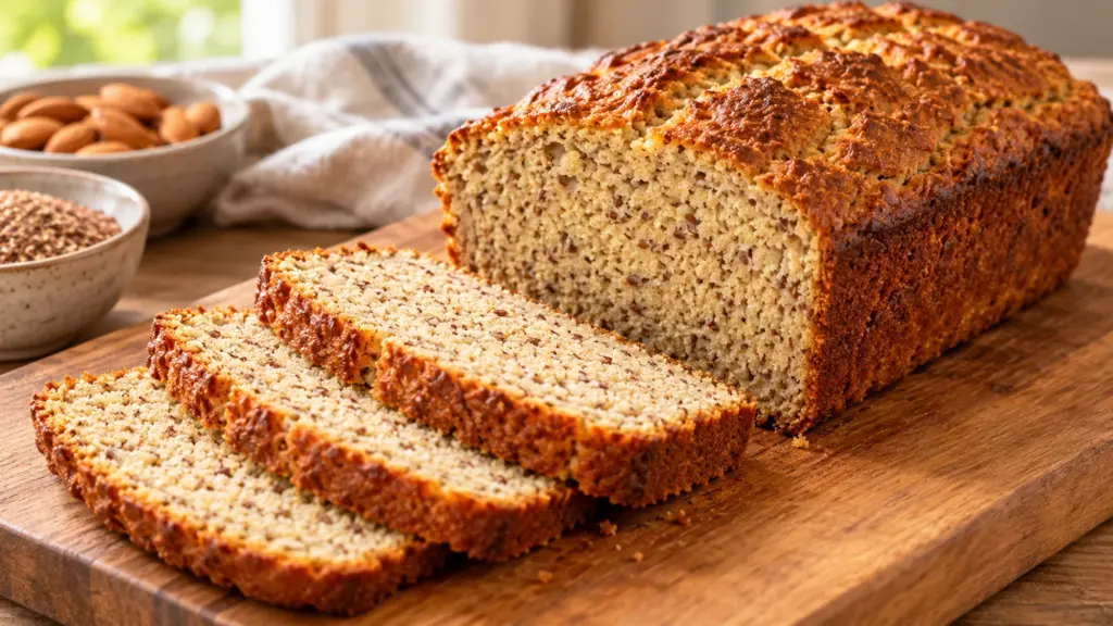 Low carb bread loaf with golden crust and slices