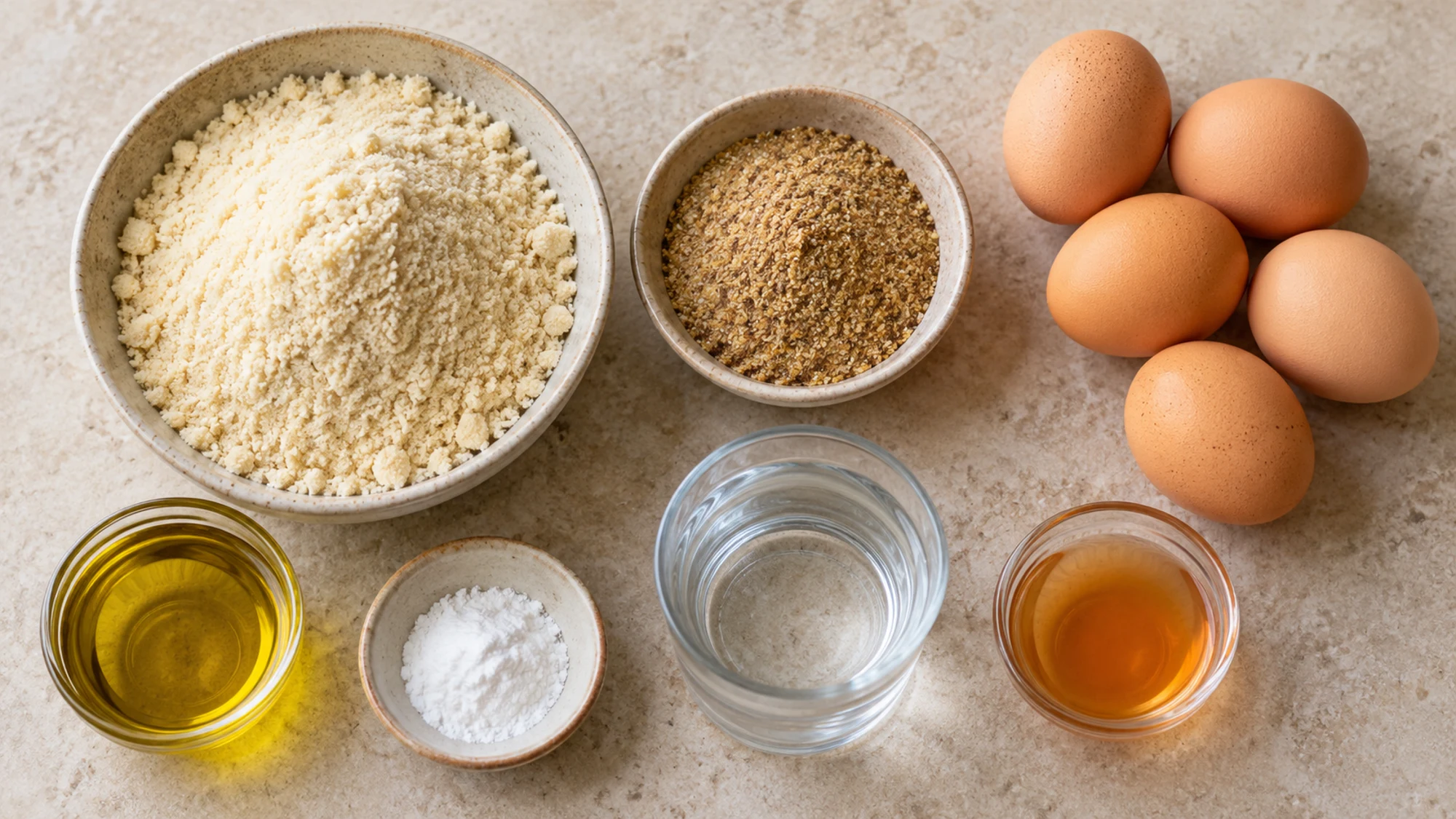 Almond flour, flaxseed, eggs and oil for low carb bread