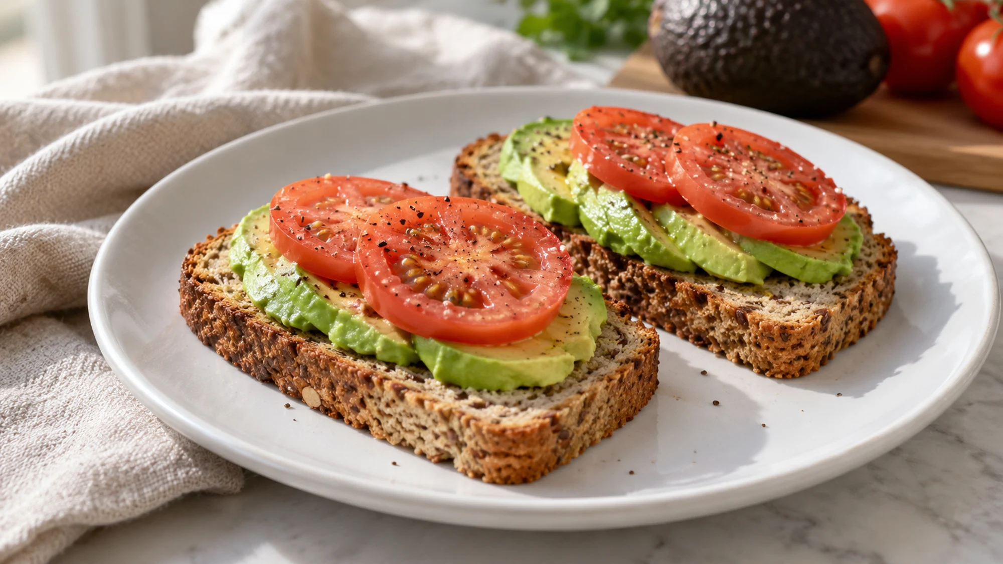 Low carb bread toast with avocado and tomato