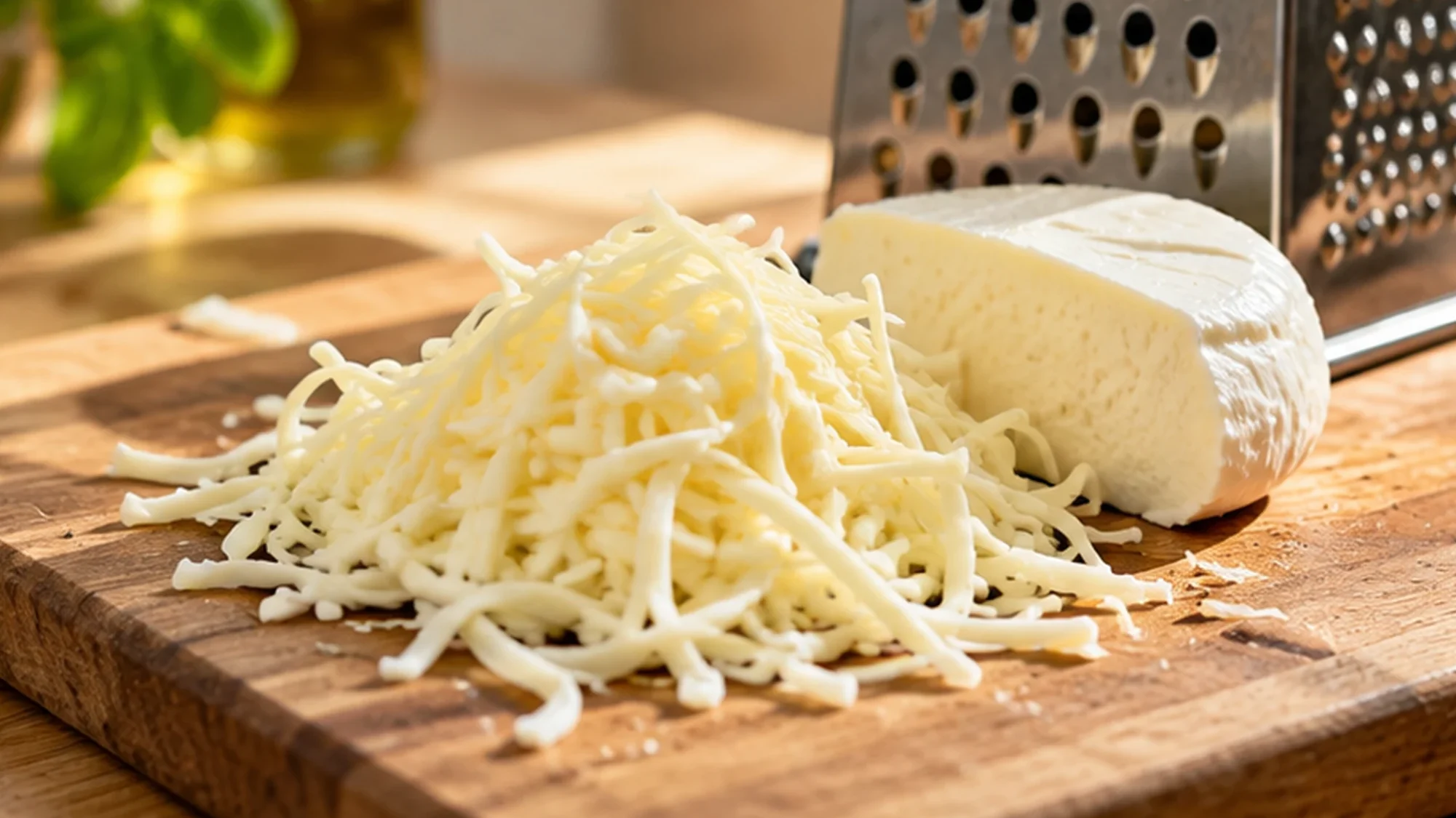 Shredded mozzarella beside a block and grater