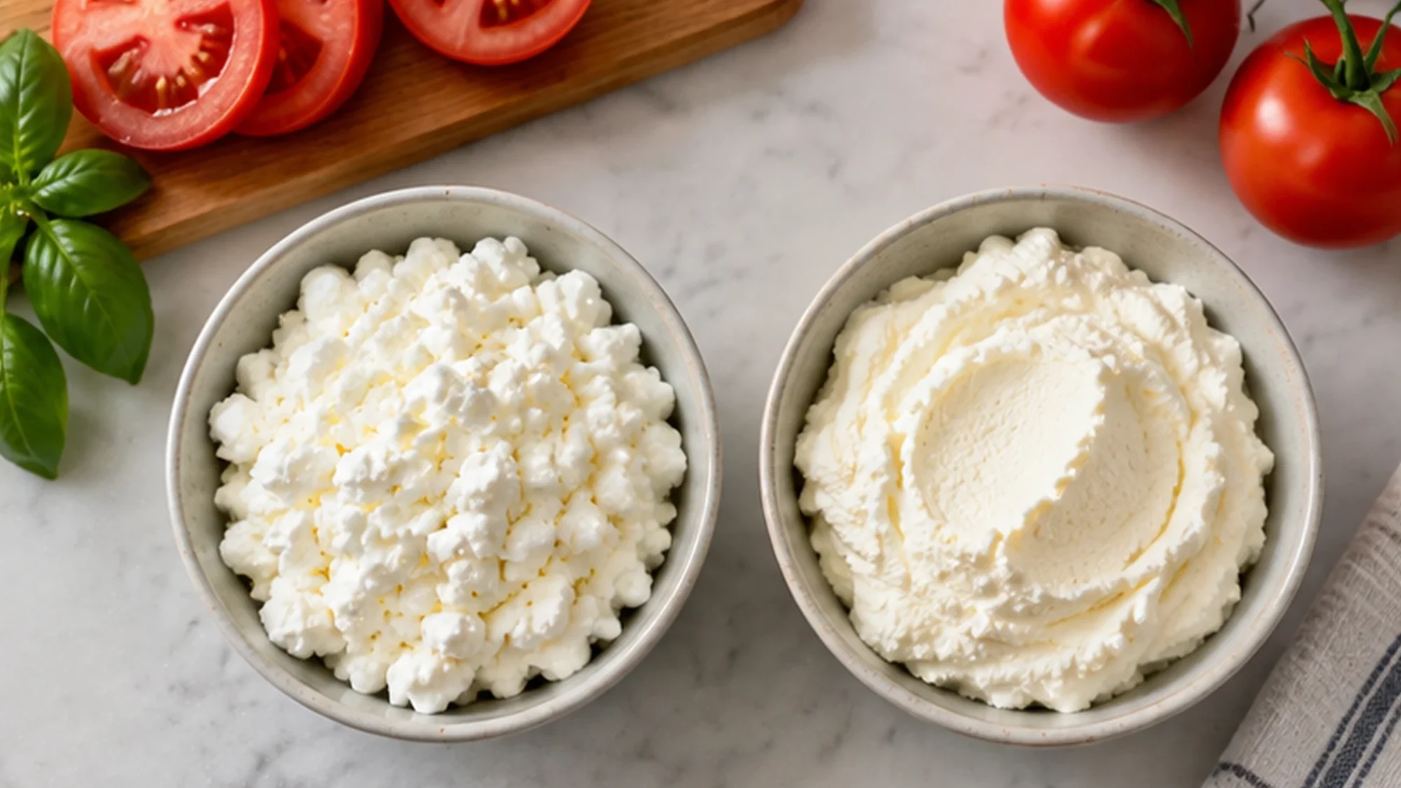 Cottage cheese curds and smooth ricotta in separate bowls