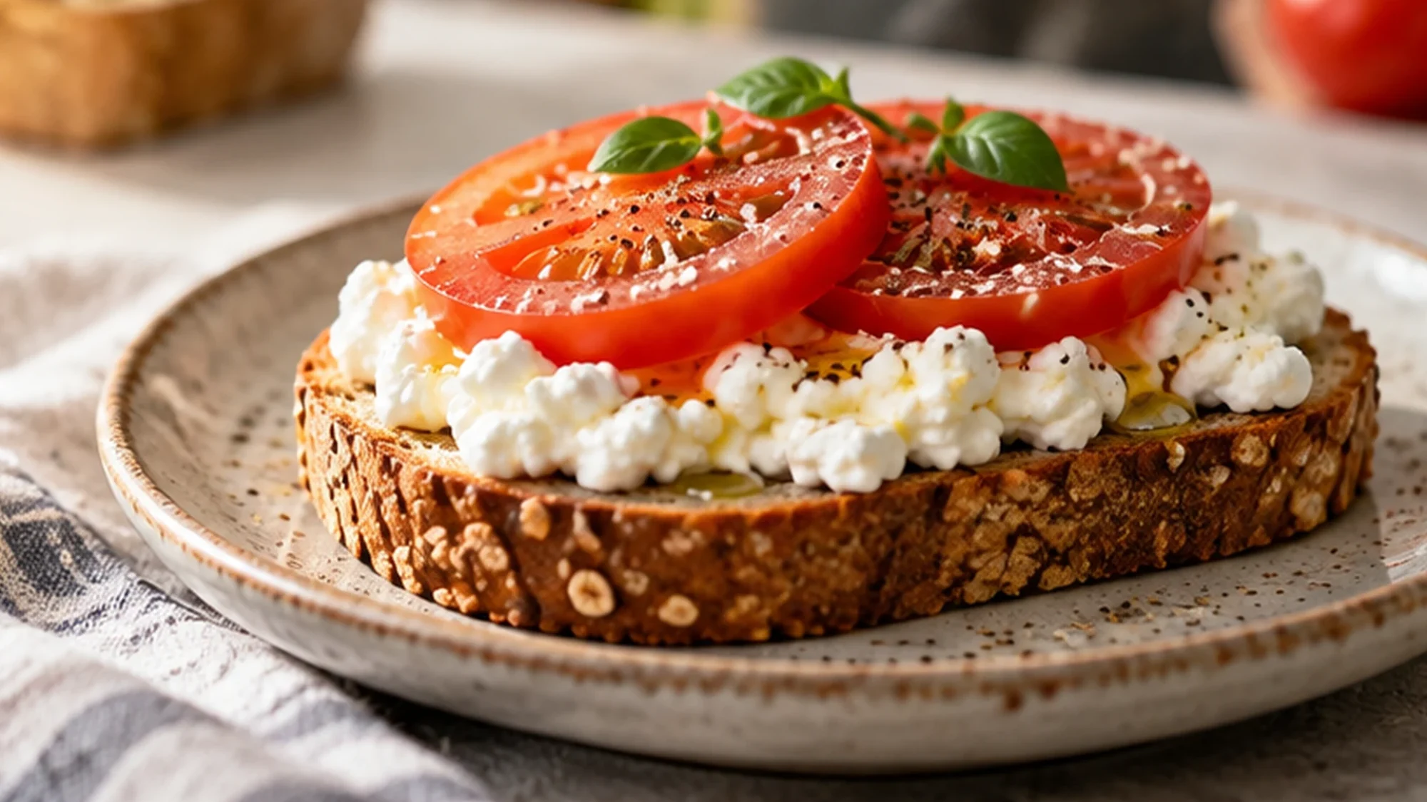 Low fat cheese on toast with tomato and black pepper