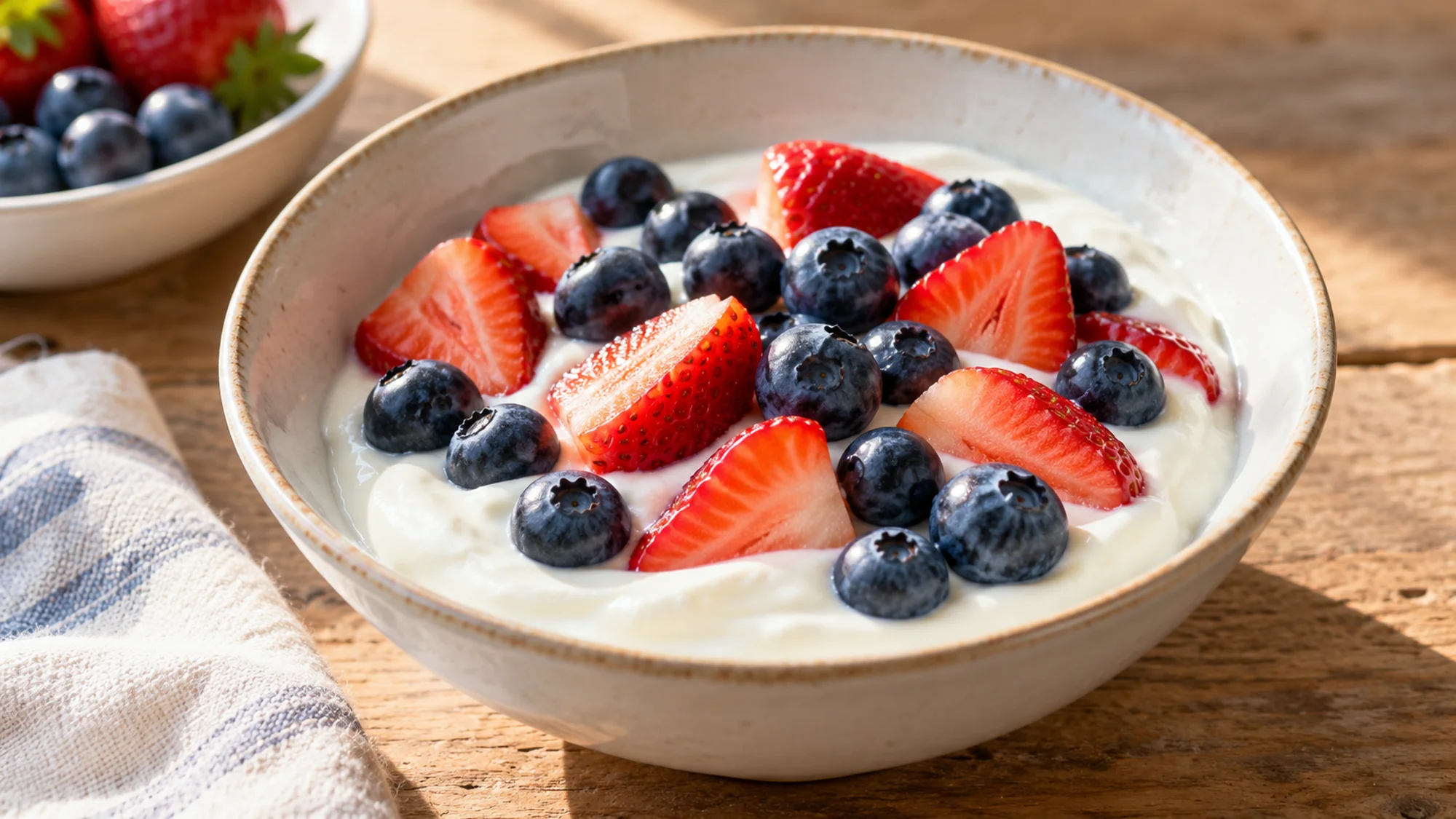 Low fat yogurt topped with blueberries and strawberries