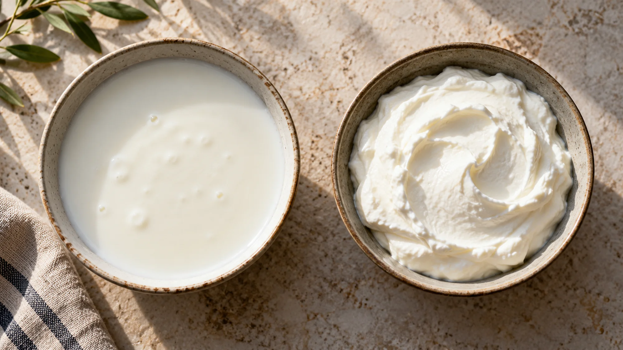 Regular and thick strained low fat yogurt in ceramic bowls